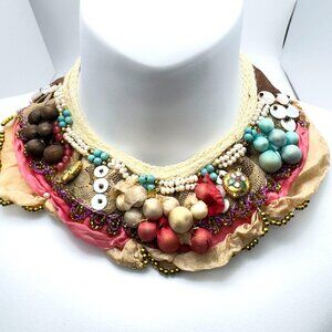 Boho Handmade Turkish Bib Collar Statement Necklace Rustic Fiber Lace Fabric
